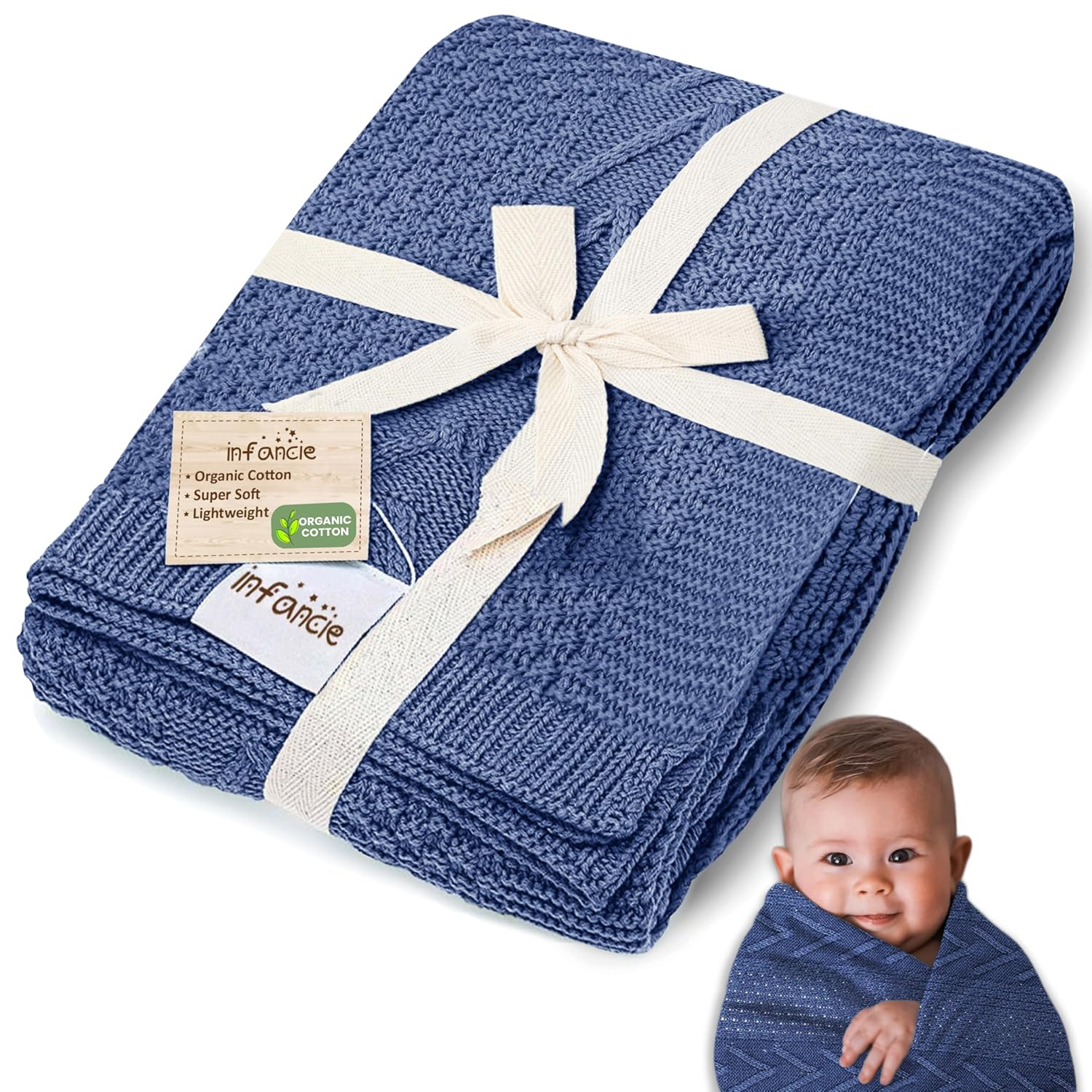 Organic Cotton Baby Blanket - 31.5 x 43.3 Inches, Soft Knitted Crib Blanket for Boys & Girls, Breathable Design (Blue)