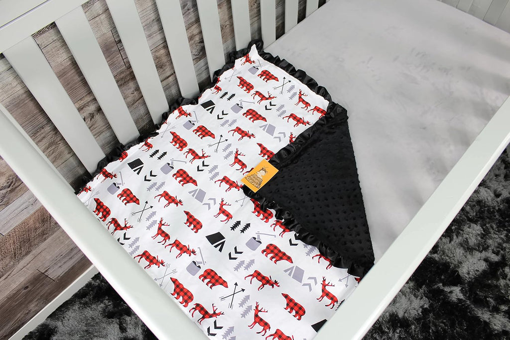 Dear Baby Gear Baby Blankets, Woodland Adventure Bear Moose Lumberjack Plaid, Minky Black, 32 Inches by 32 Inches