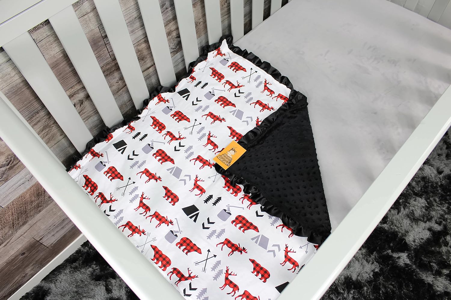 Dear Baby Gear Baby Blankets, Woodland Adventure Bear Moose Lumberjack Plaid, Minky Black, 32 Inches by 32 Inches