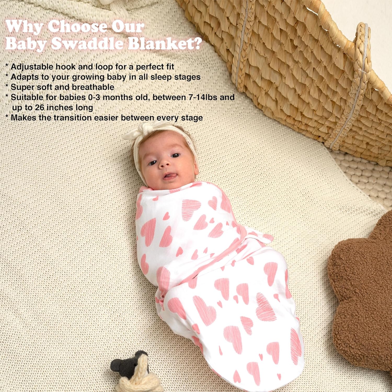 Bublo Baby Swaddles for Newborns – 3-Pack Infant Swaddles 0-3 Months – Adjustable Swaddle Sleep Sack – Soft Organic Cotton Baby Wrap for Safe & Cozy Sleep (Hearts-Flowers)