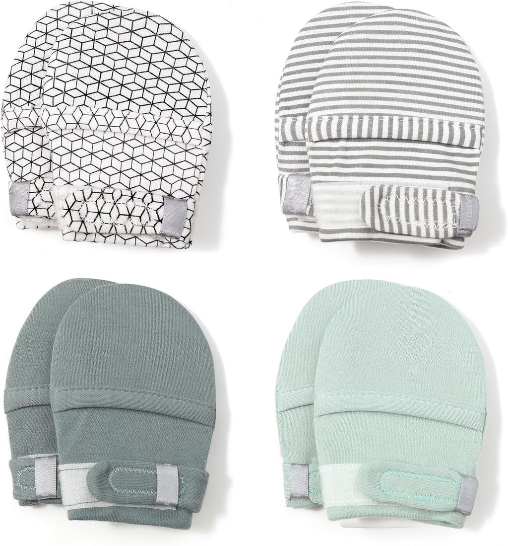 HAPIU Baby No Scratch Mittens Stay On, 100% Cotton Breathable, Adjustable Infant Gloves for Boys Girls, Newborn - 12 M