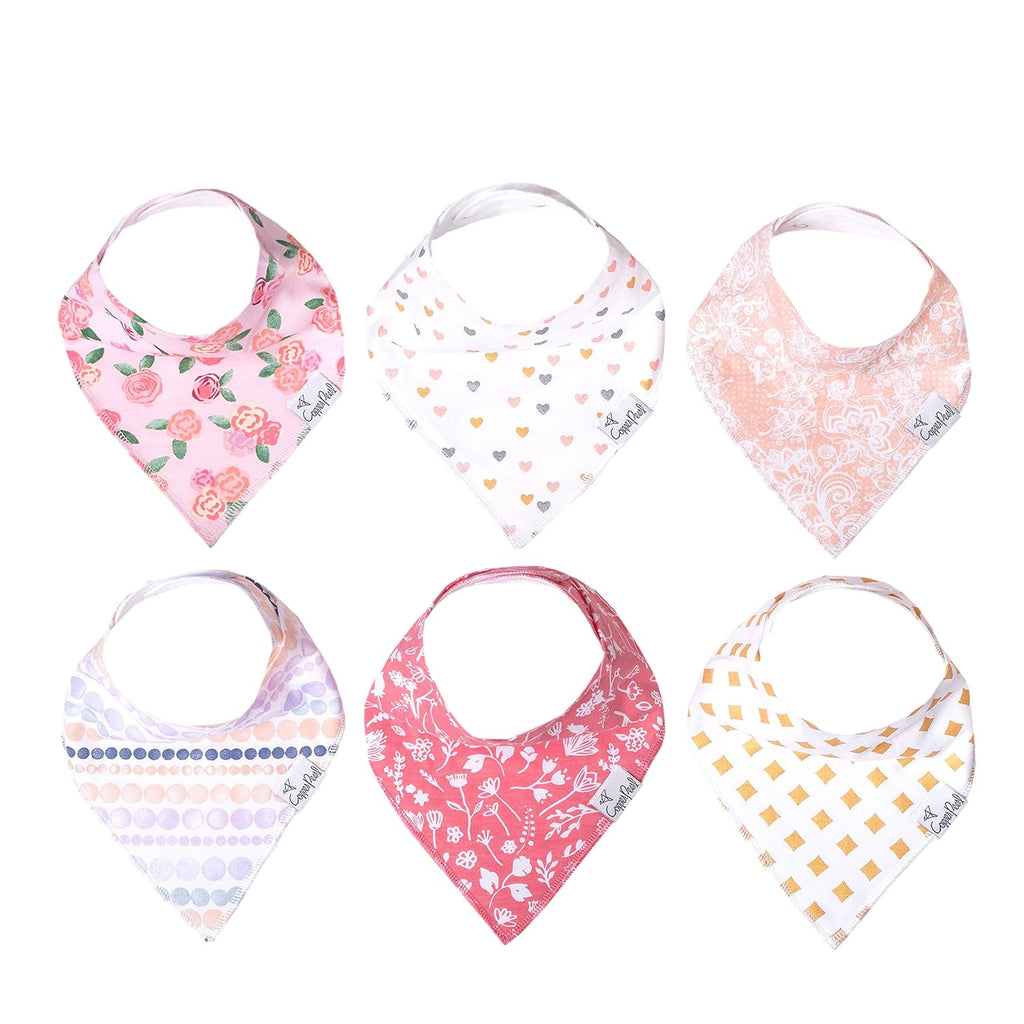 Copper Pearl 6 Pack Soft Cotton Baby Bibs for Drooling and Teething, Absorbent Drool Bibs for Baby Girl, Adjustable to Fit Newborns to Toddlers, Tons of Styles (Amelia Set)