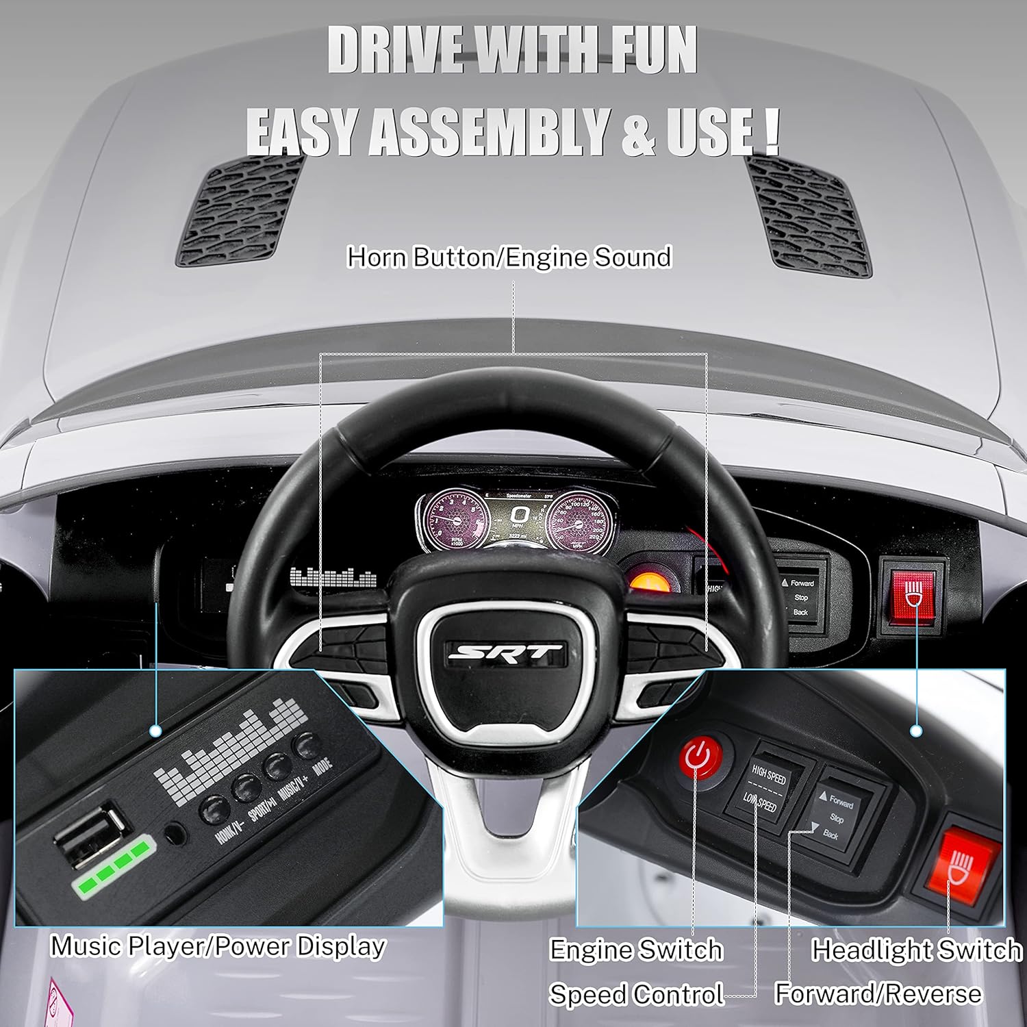 12V 7Ah Kids Electric Ride on Car, Licensed Dodge Charger SRT Hellcat, Battery Powered 4-Wheels Toy Car Electric Vehicle for Kids with Remote Control, 3 Speeds, LED Lights, Music (White)