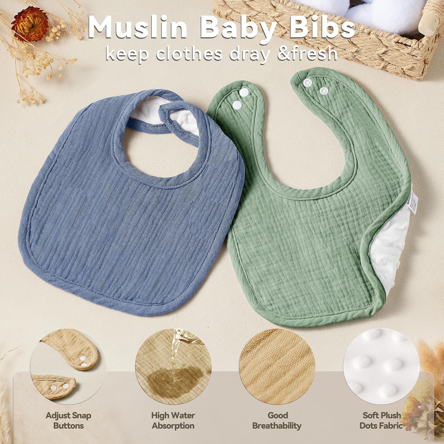 Muslin Baby Bibs for Unisex Boys Girls, Cotton Drool Bibs, Adjustable Newborn Bibs for Drooling and Teething