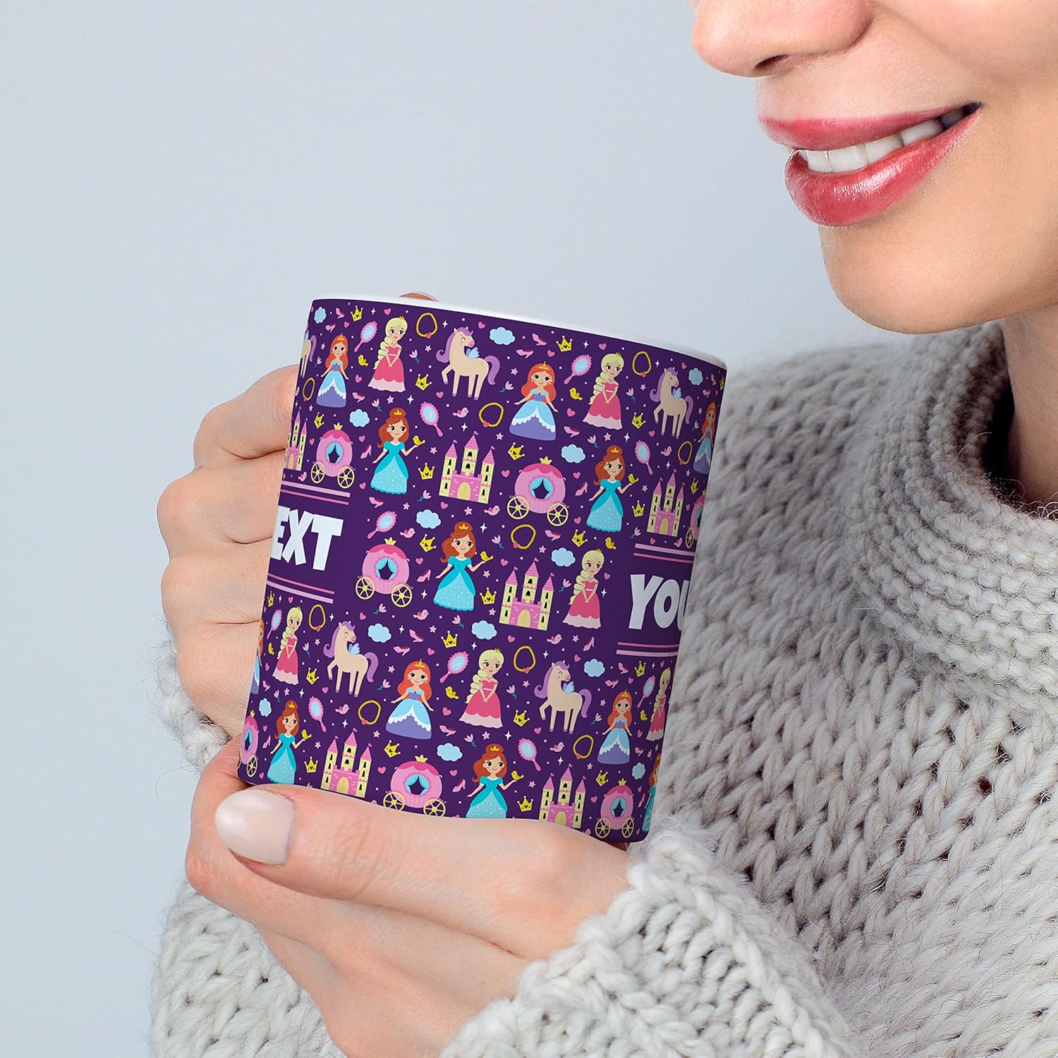 Personalized Mug for Kids - Princesses - Custom Name/Text, Ceramic Hot Chocolate/Cocoa/Coffee Cup for Girls, Birthday/Christmas/Holiday Gift - 15 oz, Red Handle