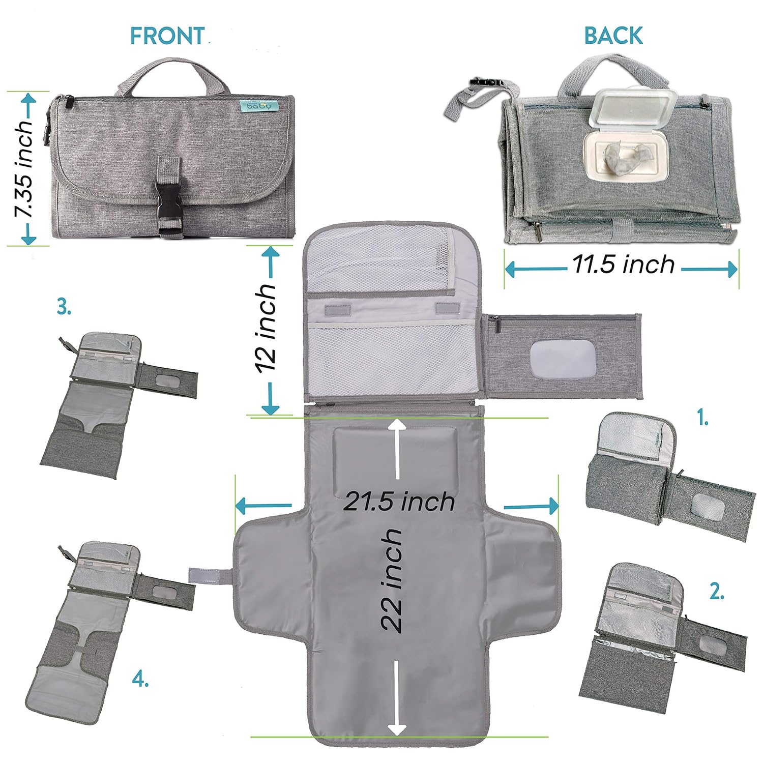 Kopi Baby Portable Diaper Changing Pad - Baby Diaper Changer Travel Bag with Wipes Pocket, Smart Design Portable Changing Mat, Infant Travel Station Kit, Gift for Newborn Girl & Boy - Grey, Classic