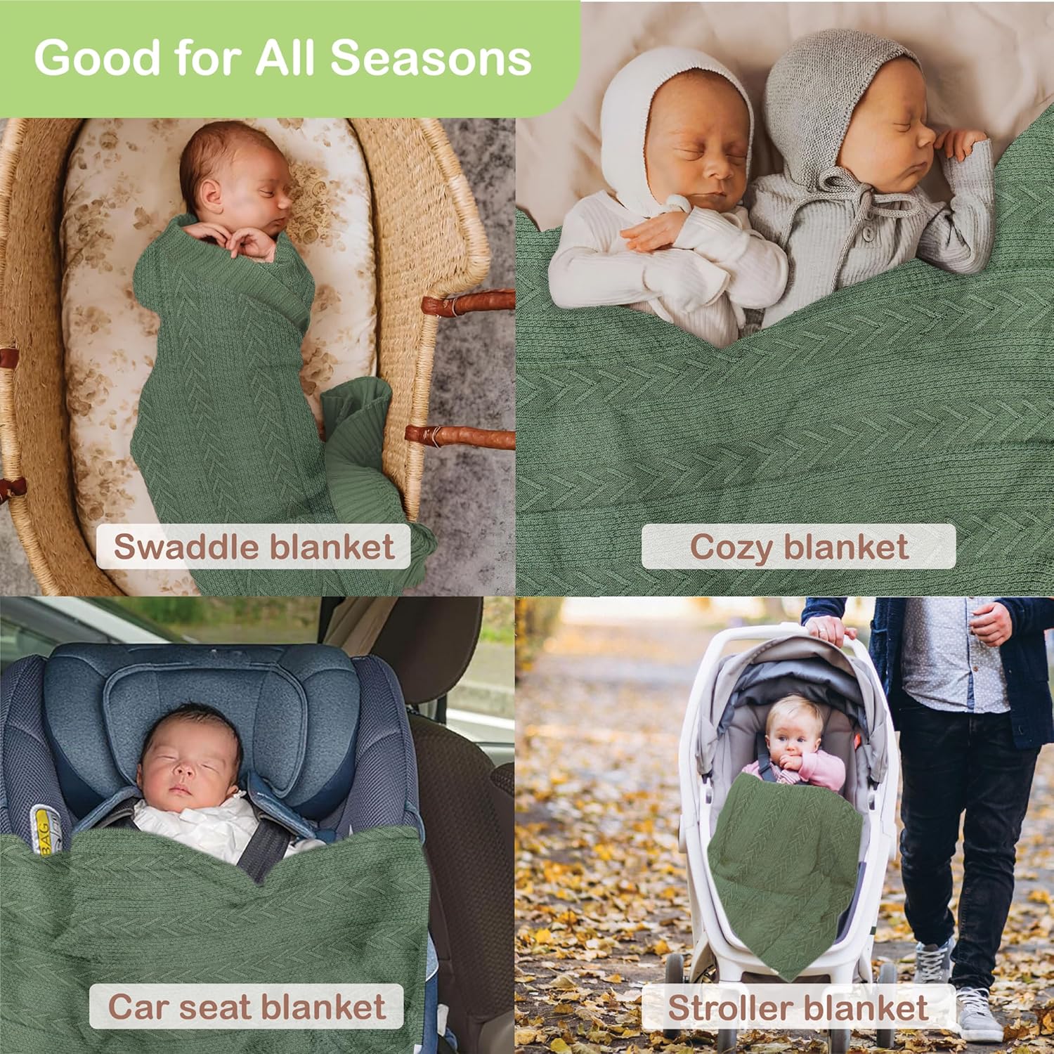 Organic Cotton Baby Blanket - 31.5 x 43.3 Inches, Soft Knitted Crib Blanket for Boys & Girls, Breathable Design (Green)