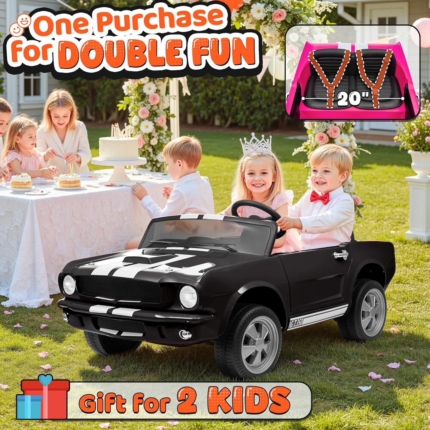 24V 2 Seater Ride on Toys, Licensed Shelby Cobra Kids Power Car Wheeler Ride On Toy w/ 2WD/4WD Switchable, Remote Control, 19" Spacious Seat, 4 Spring Suspension, Music, Bluetooth