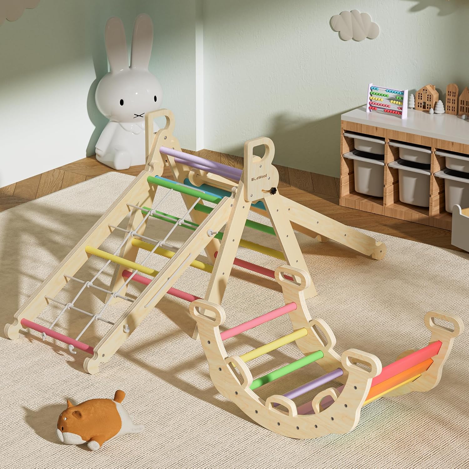 BlueWood 2024 8-in-1 Pikler Triangle Climbing Set Toddler Toys Indoor Baby Jungle Gym Climber Playground for Kids - Rainbow