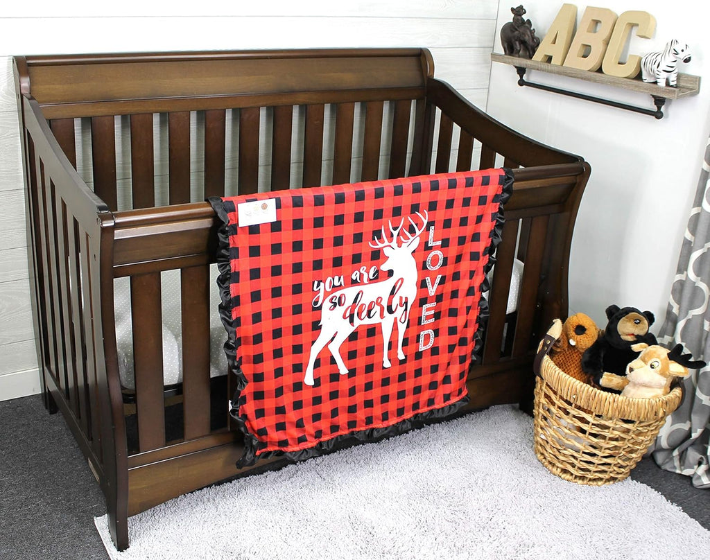 Top Tots Baby Blanket - Minky, Deer with Text, White on Red and Black Plaid, with Black Ruffles