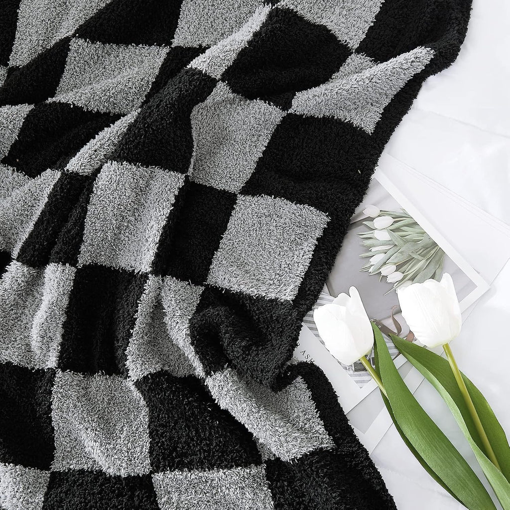 WRENSONGE Checkered Throw Blanket, Black Grey Checkered Soft Cozy Fluffy Warm Hand Made Throw Blankets for Couch, Sofa, Chair, Bed, Picnic,Travel Lightweight Bed Blankets for Men