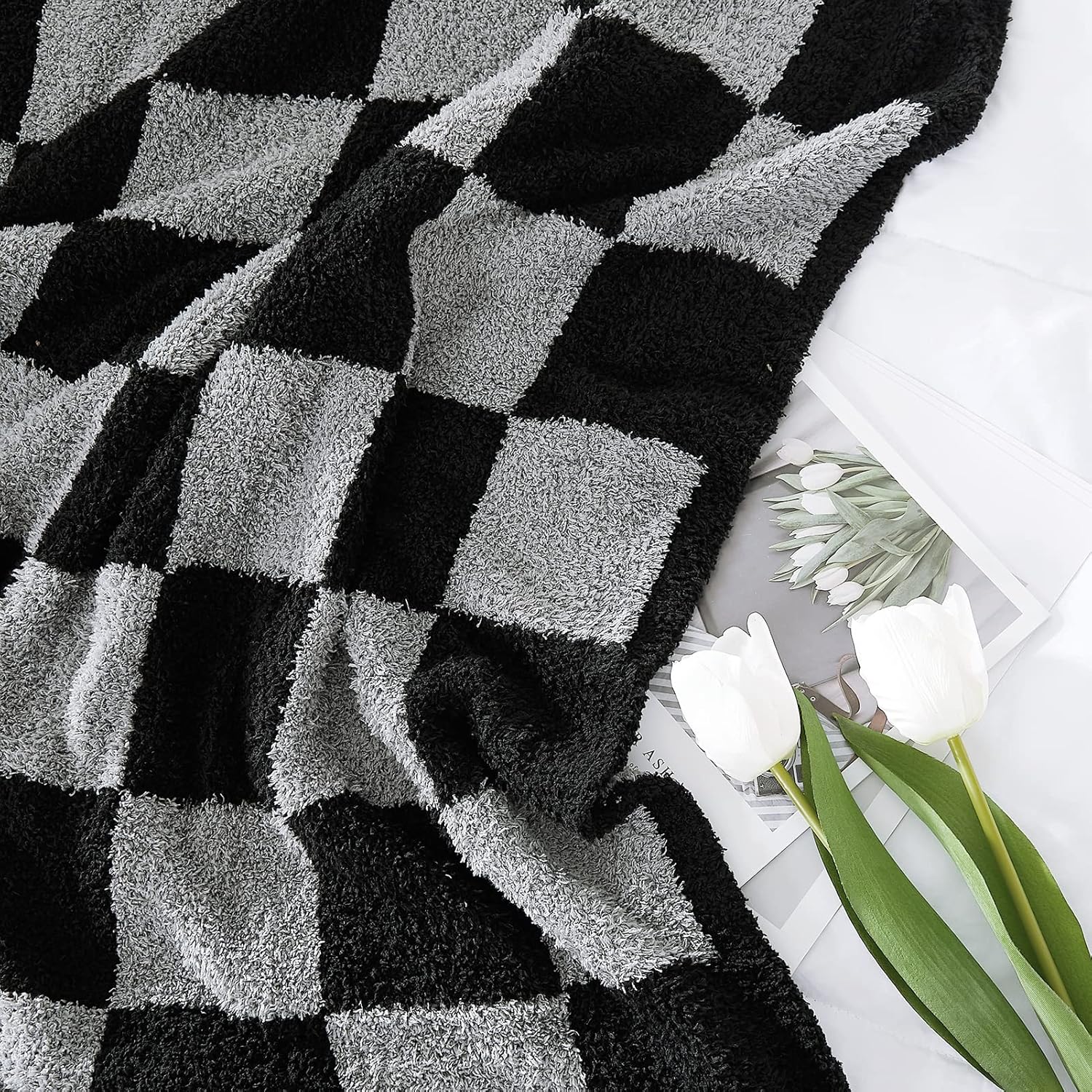 WRENSONGE Checkered Throw Blanket, Black Grey Checkered Soft Cozy Fluffy Warm Hand Made Weave Throw Blankets for Couch, Sofa, Chair, Bed, Picnic,Travel Lightweight Bed Blanket - 60 * 80