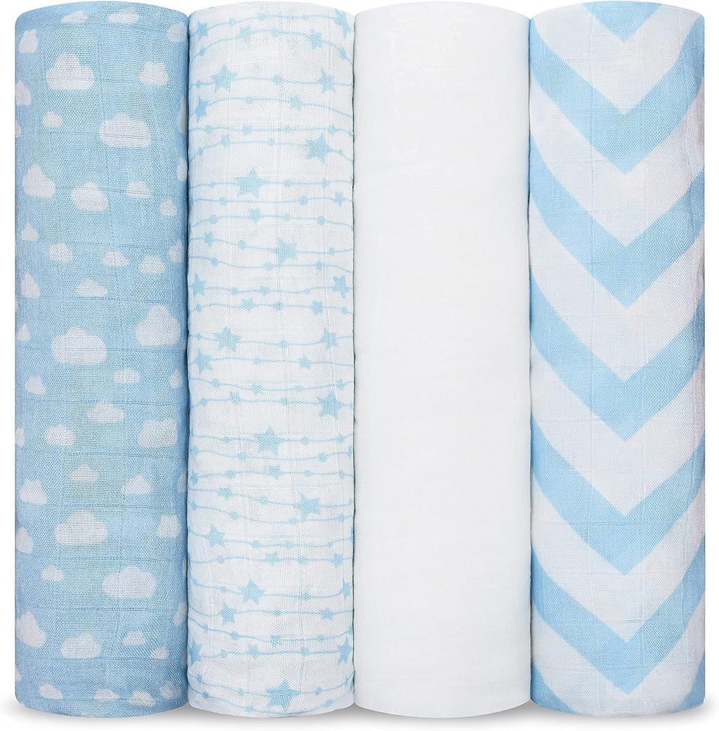 Comfy Cubs Muslin Swaddle Blankets Pack of 4, 47 x 47 Inches, Soft Cotton Baby Blanket Set, Large Multipurpose Swaddling Wraps for Newborns - Self-Soothing Swaddle - Blue