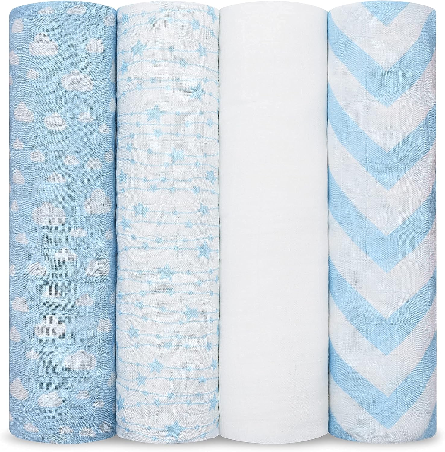 Comfy Cubs Muslin Swaddle Blankets Pack of 4, 47 x 47 Inches, Soft Cotton Baby Blanket Set, Large Multipurpose Swaddling Wraps for Newborns - Self-Soothing Swaddle - Blue