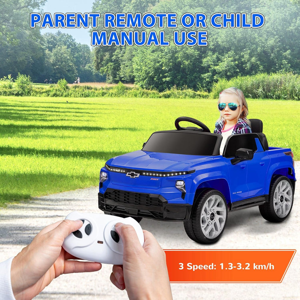 Qaba 12V Kids Ride on Truck, Chevrolet Silverado EV RST Licensed Electric Car with Parent Remote Control, Back Storage, Spring Suspension, Soft Start, Auxiliary Wheels, LED Lights, Music, MP3, Blue
