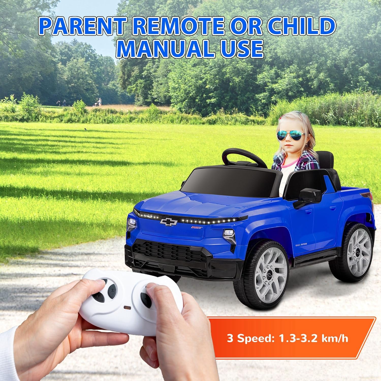 Qaba 12V Kids Ride on Truck, Chevrolet Silverado EV RST Licensed Electric Car with Parent Remote Control, Back Storage, Spring Suspension, Soft Start, Auxiliary Wheels, LED Lights, Music, MP3, Blue