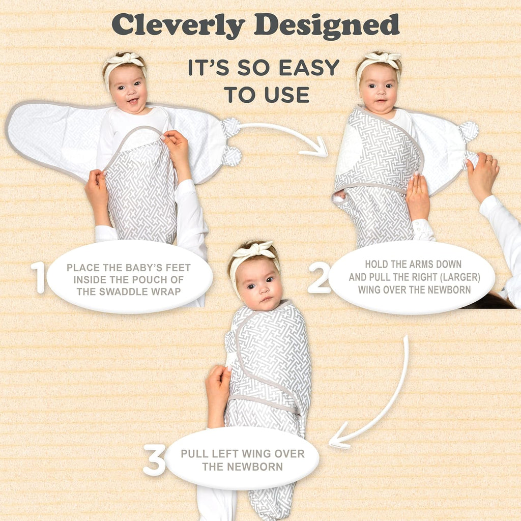 Bublo Baby Swaddles for Newborns – 4-Pack Infant Swaddles 0-3 Months – Adjustable Swaddle Sleep Sack – Soft Organic Cotton Baby Wrap for Safe & Cozy Sleep (Geometric Grey-Cream)