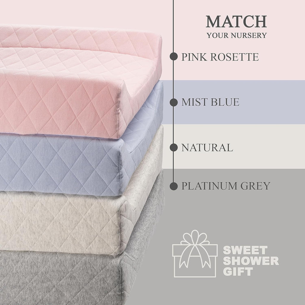 Organic Cotton Contoured Baby Changing Pad w/Waterproof Foam Mattress, Includes Soft, Removable & Washable Cover, Safety Strap, Non-Slip Bottom, Topper for Standard Size Infant Diaper Table & Dresser