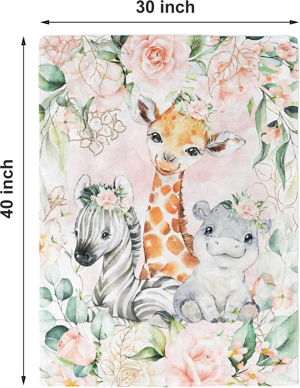 UNIQUE Rose Flowers Safari Ultra Soft Fleece Baby Blanket 30x40in, Cute Zebra Hippo Giraffe Baby Blanket, Girl