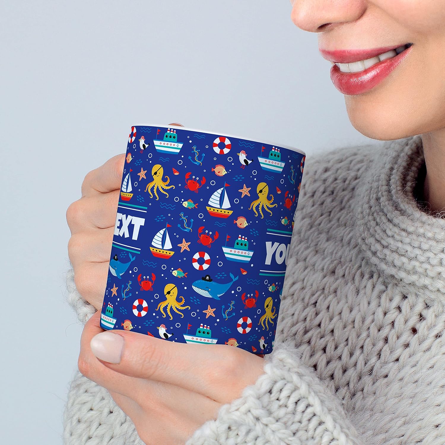 Personalized Mug for Kids - Nautical - Custom Name/Text, Ceramic Hot Chocolate/Cocoa/Coffee Cup for Boys/Girls, Birthday/Christmas/Holiday Gift - 11 oz, Navy Blue Handle