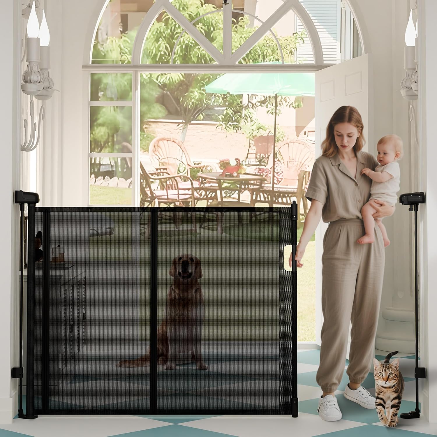 Retractable Baby Gates for Stairs, 55" Wide Baby Gate Dog Gate, 41" Tall Retractable Pet Gate for Doorways, Child Safety Gates Mesh Gate with Fiberglass Rods for Stairways, Hallways, Indoor/Outdoor