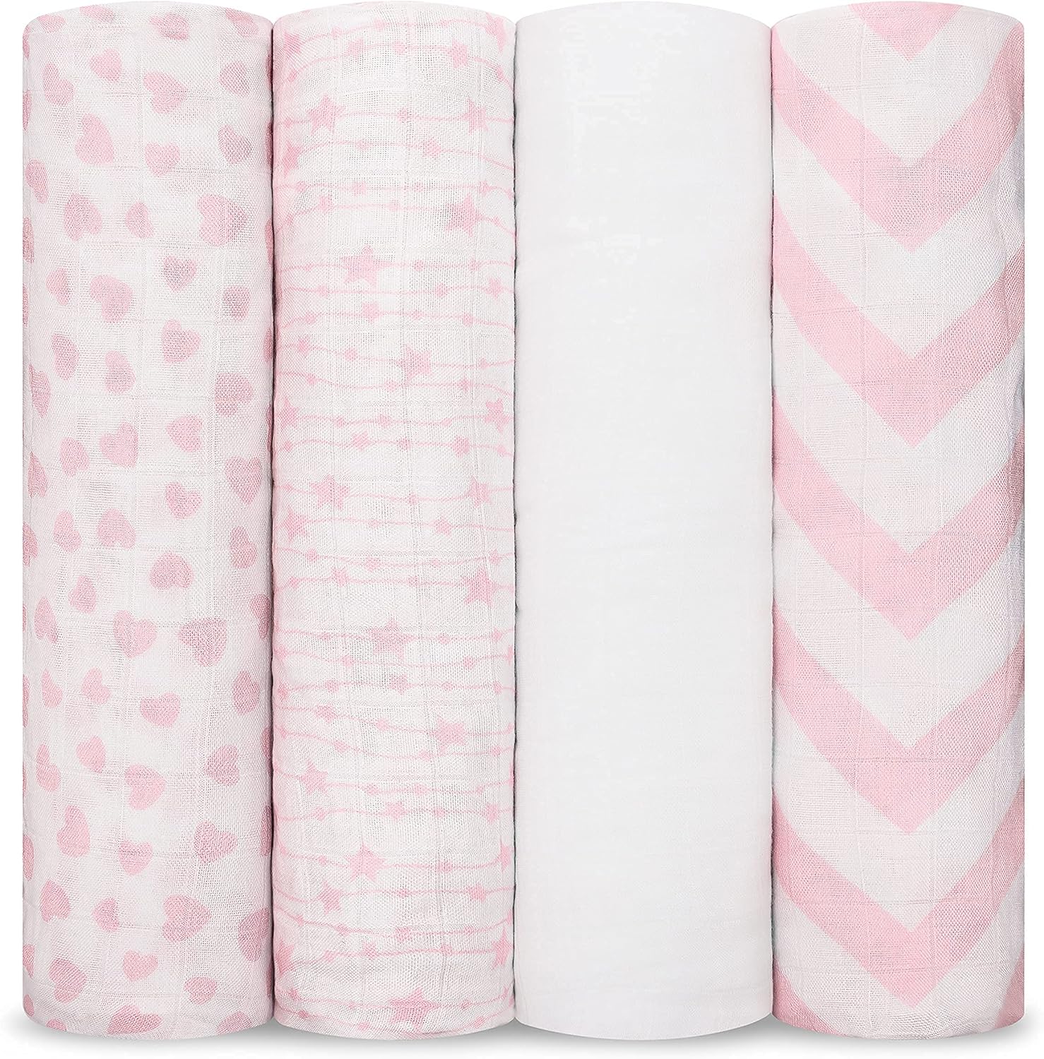 Comfy Cubs Muslin Swaddle Blankets Pack of 4, 47 x 47 Inches, Soft Cotton Baby Blanket Set, Large Multipurpose Swaddling Wraps for Newborns - Self-Soothing Swaddle - Pink