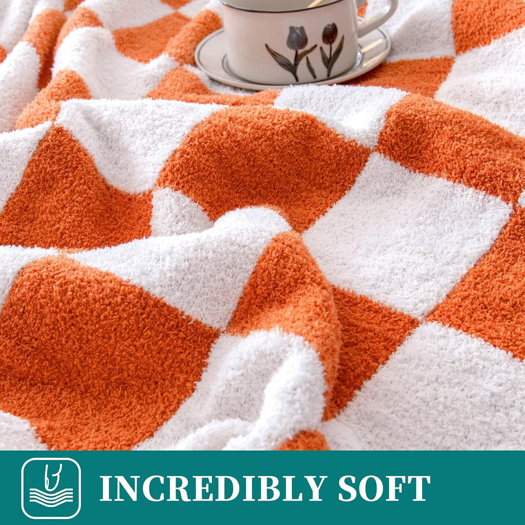SeaRoomy CheckeredThrow Blanket, Soft Fluffy Microfiber Knit Throw Blanket for Couch Bed, Warm Cozy Reversible Checkerboard Knitted Blanket Room Decor(Burnt Orange, 51"×63")