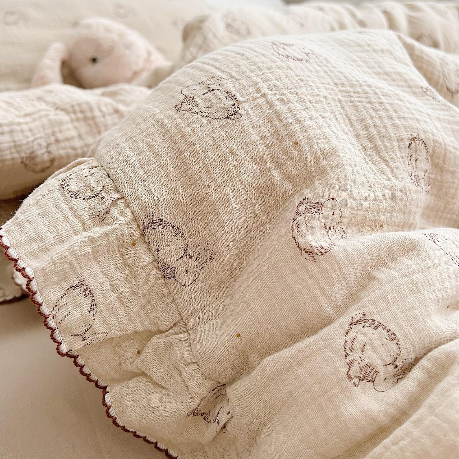 BuLuTu 2-Layer Cotton Muslin Toddler Pillowcase Rabbit Pattern, Soft Breathable Travel Pillow Case Fit for Boys Girls Toddler Pillow 13"x18"or 14"x19", Nursery Decor Kids Pillow Cover 14"x20"