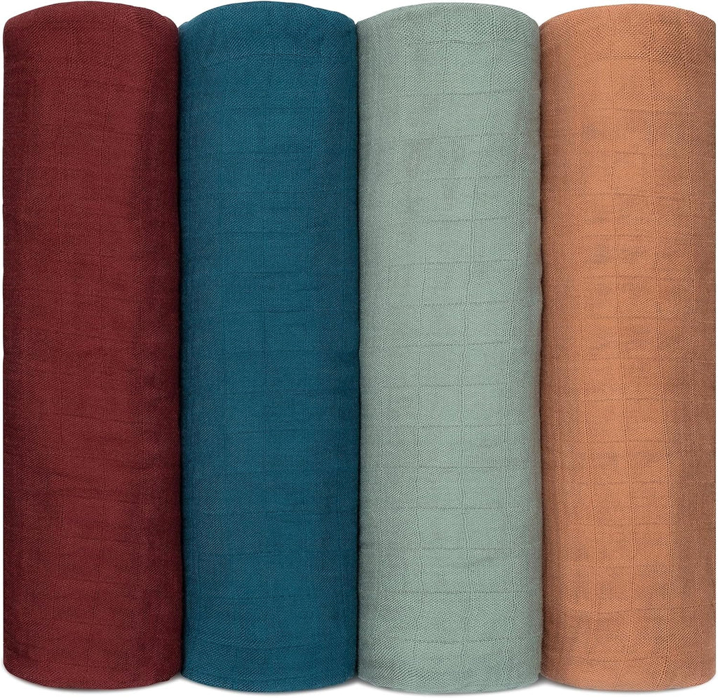 Comfy Cubs Muslin Swaddle Blankets Pack of 4, 47 x 47 Inches, Soft Cotton Baby Blanket Set, Large Multipurpose Swaddling Wraps for Newborns - Self-Soothing Swaddle - Wine, Neptune, Fern, Caramel
