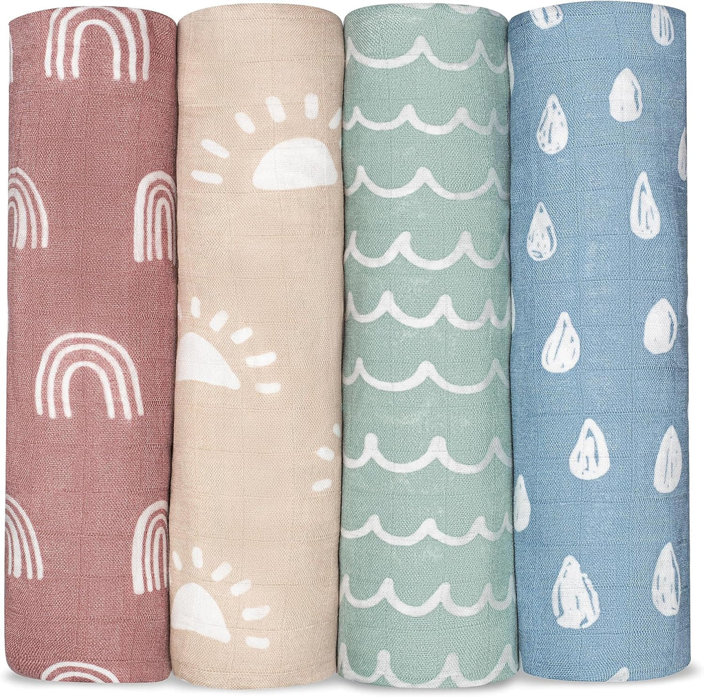 Comfy Cubs Muslin Swaddle Blankets Pack of 4, 47 x 47 Inches, Soft Cotton Baby Blanket Set, Large Multipurpose Swaddling Wraps for Newborns - Self-Soothing Swaddle - Sun, Rainbow, Rain, Doodle