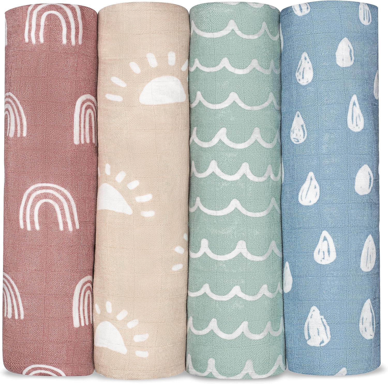 Comfy Cubs Muslin Swaddle Blankets Pack of 4, 47 x 47 Inches, Soft Cotton Baby Blanket Set, Large Multipurpose Swaddling Wraps for Newborns - Self-Soothing Swaddle - Sun, Rainbow, Rain, Doodle