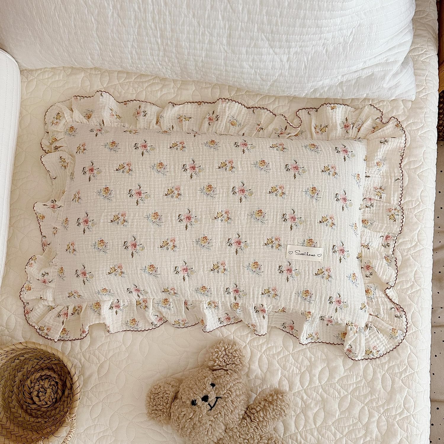 BuLuTu Cotton Muslin Kids Toddler Pillowcase with Cute Azalea Flowers Pattern Super Soft Crib Nursery Pillowcase for Boys,Girls,Bedding Decor Machine Washable, Durable Pillowcase,1 Piece,Standard