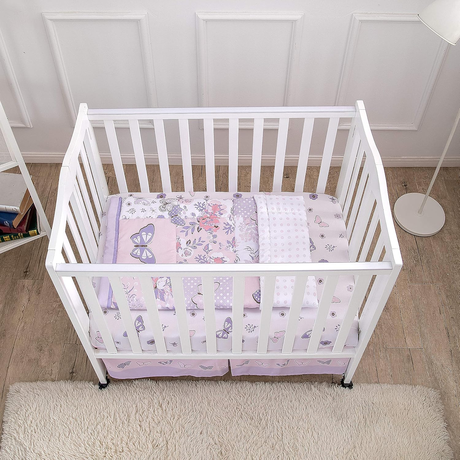 La Premura Baby Mini Crib Bedding Set for Girls, Pastel Purple Butterfly, 3 Piece Crib Set for Nursery Portable Crib, Purple and Pink